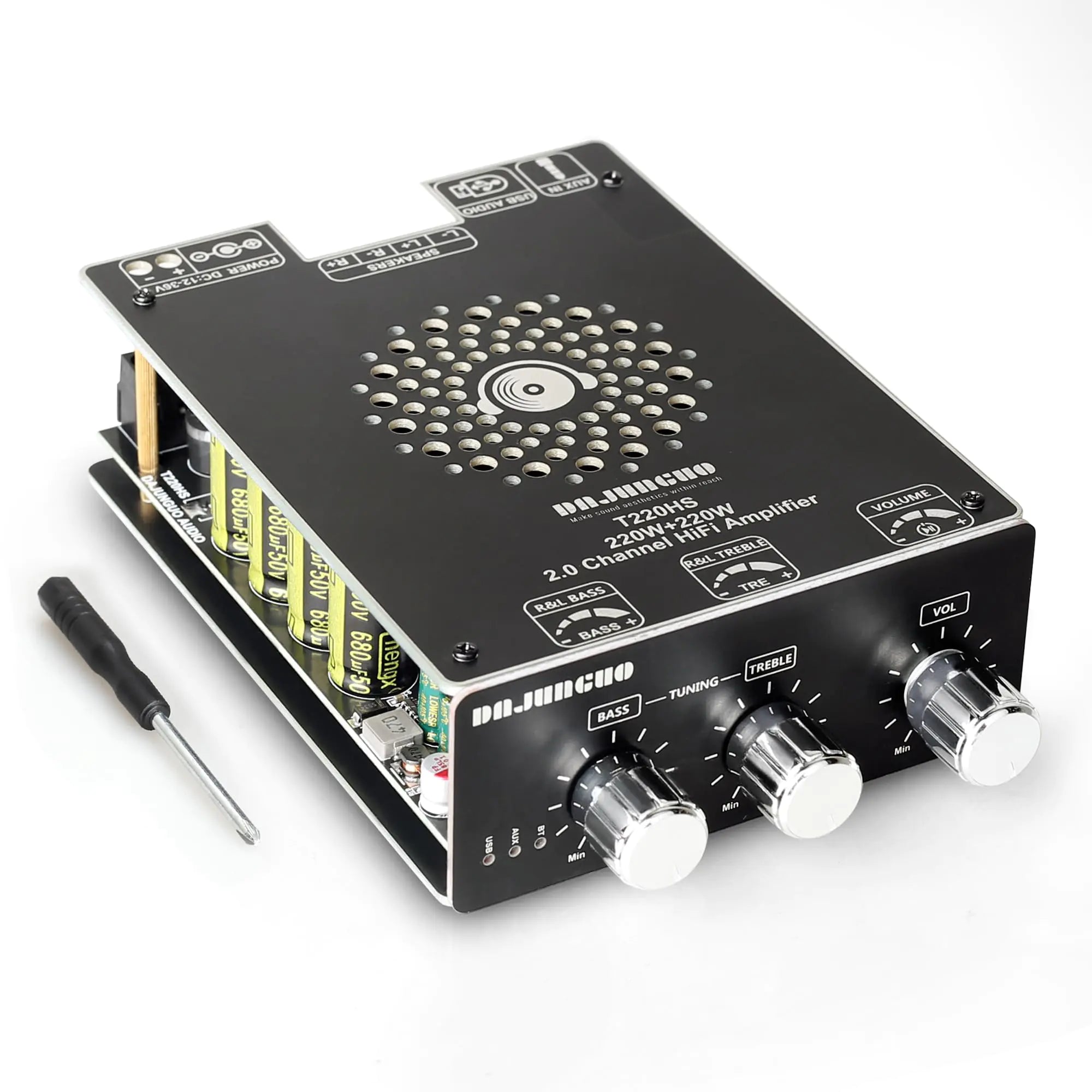 T220HS 220W+220W Bluetooth Amplifier Board with Treble and Bass Control 2.0 Channel Stereo AMP Board DC 12-36VBluetooth/AUX/USB Input
